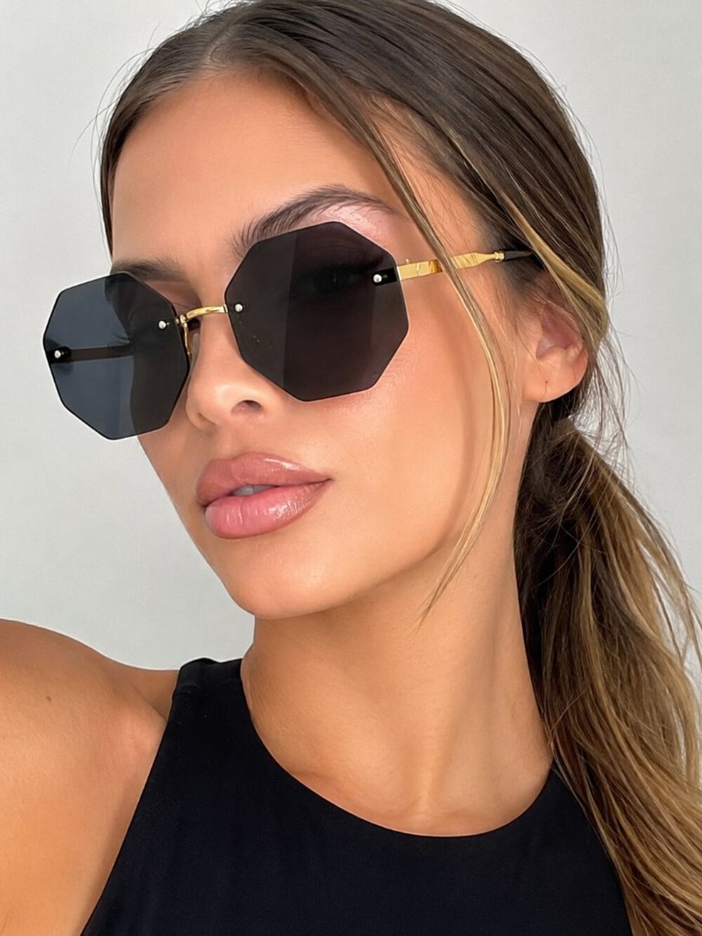 Oversized Octagon Sunglasses Black Gradient Lens Gold Rimless Luxury Style